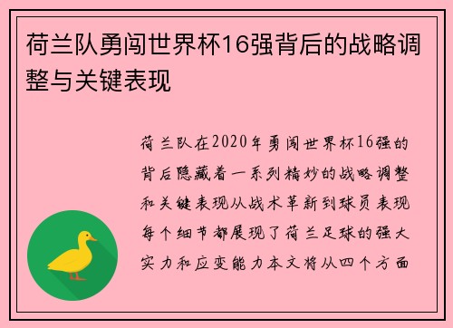 荷兰队勇闯世界杯16强背后的战略调整与关键表现