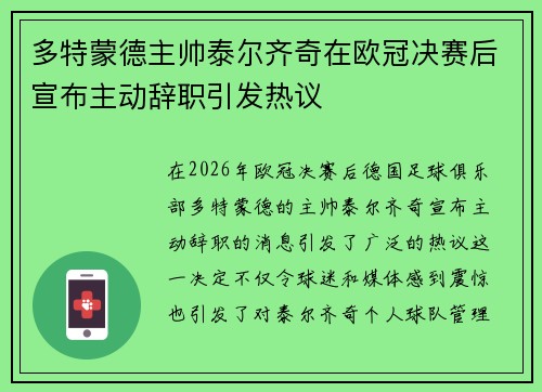 多特蒙德主帅泰尔齐奇在欧冠决赛后宣布主动辞职引发热议