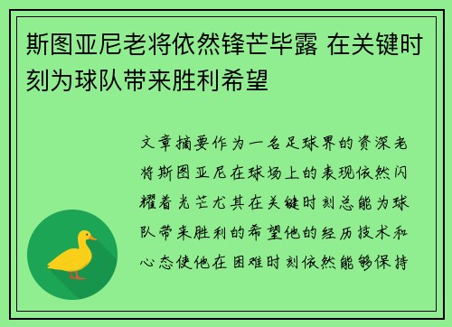 斯图亚尼老将依然锋芒毕露 在关键时刻为球队带来胜利希望